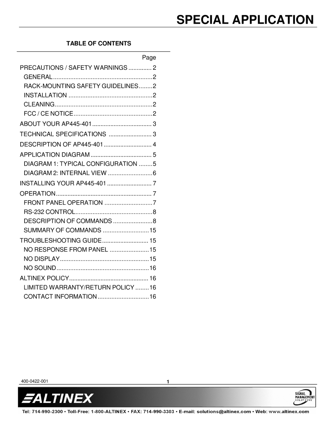 Altinex AP445-401 manual Table of Contents 