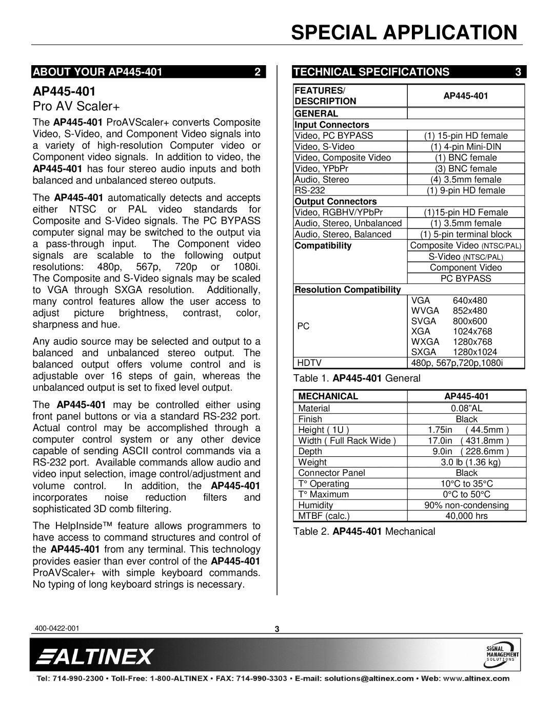 Altinex manual About Your AP445-401, Technical Specifications 