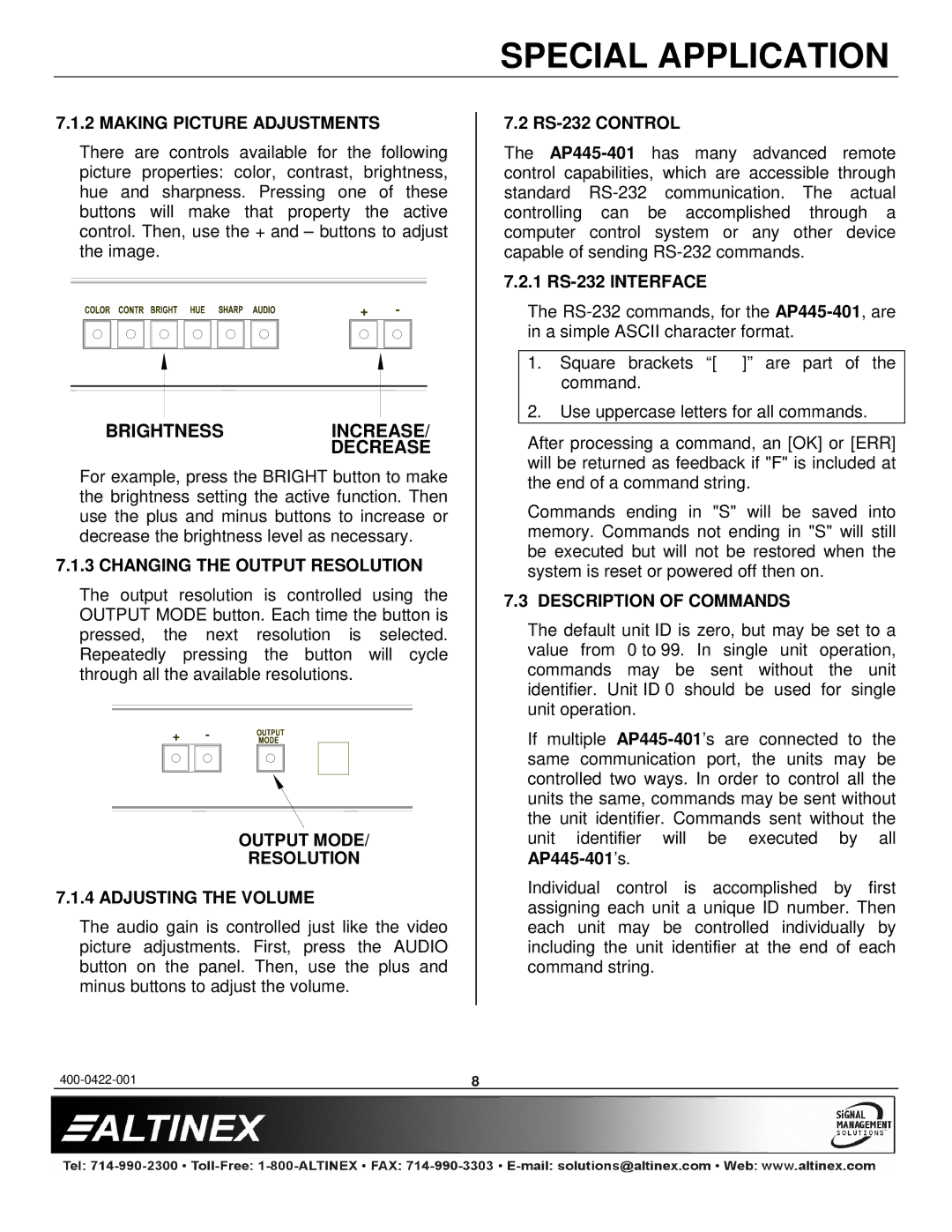 Altinex AP445-401 Making Picture Adjustments, Changing the Output Resolution, Output Mode Resolution Adjusting the Volume 