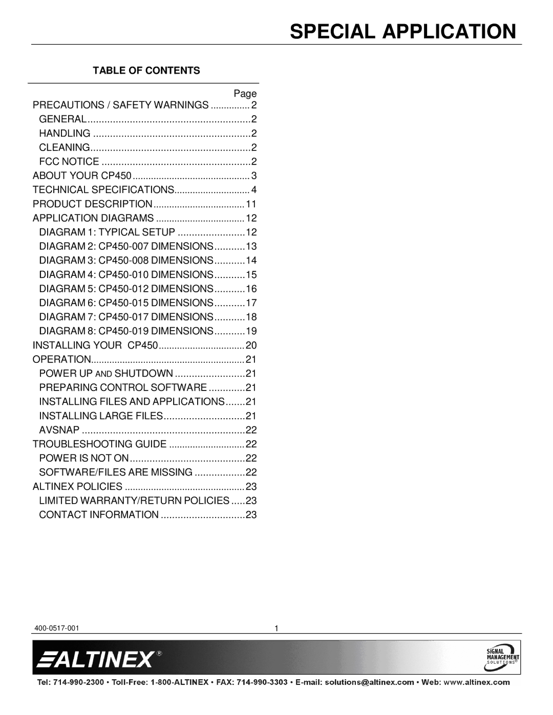 Altinex CP450 Series manual Table of Contents 