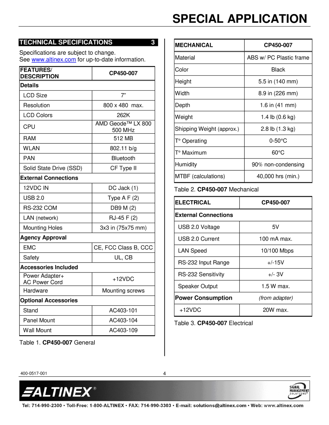 Altinex CP450 Series Technical Specifications, Specifications are subject to change, CP450-007General, CP450-007Mechanical 