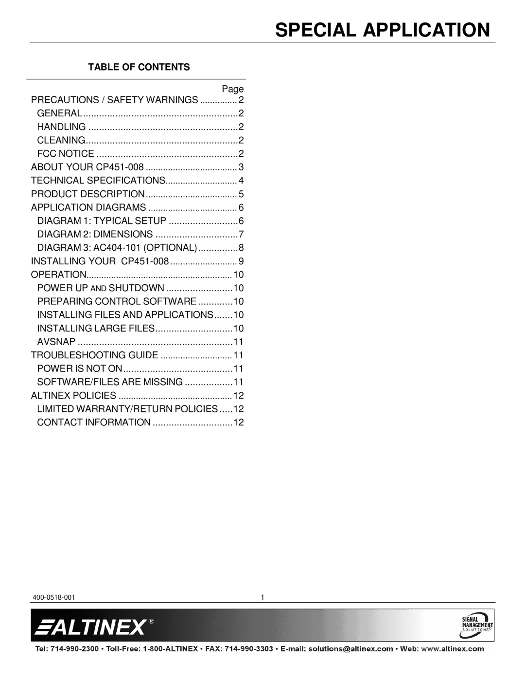 Altinex CP451-008 manual Table of Contents 