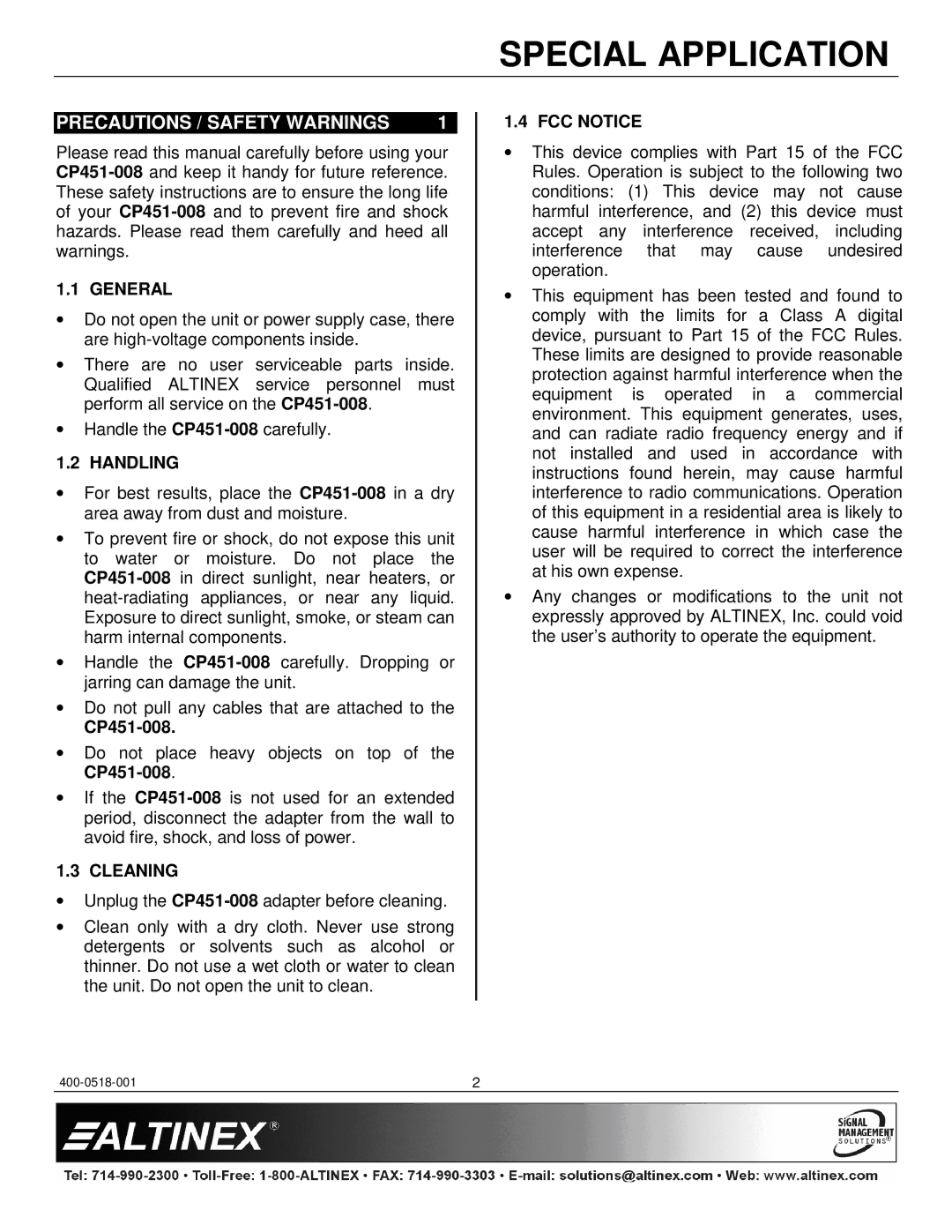 Altinex CP451-008 manual Precautions / Safety Warnings, General, Handling, Cleaning, FCC Notice 