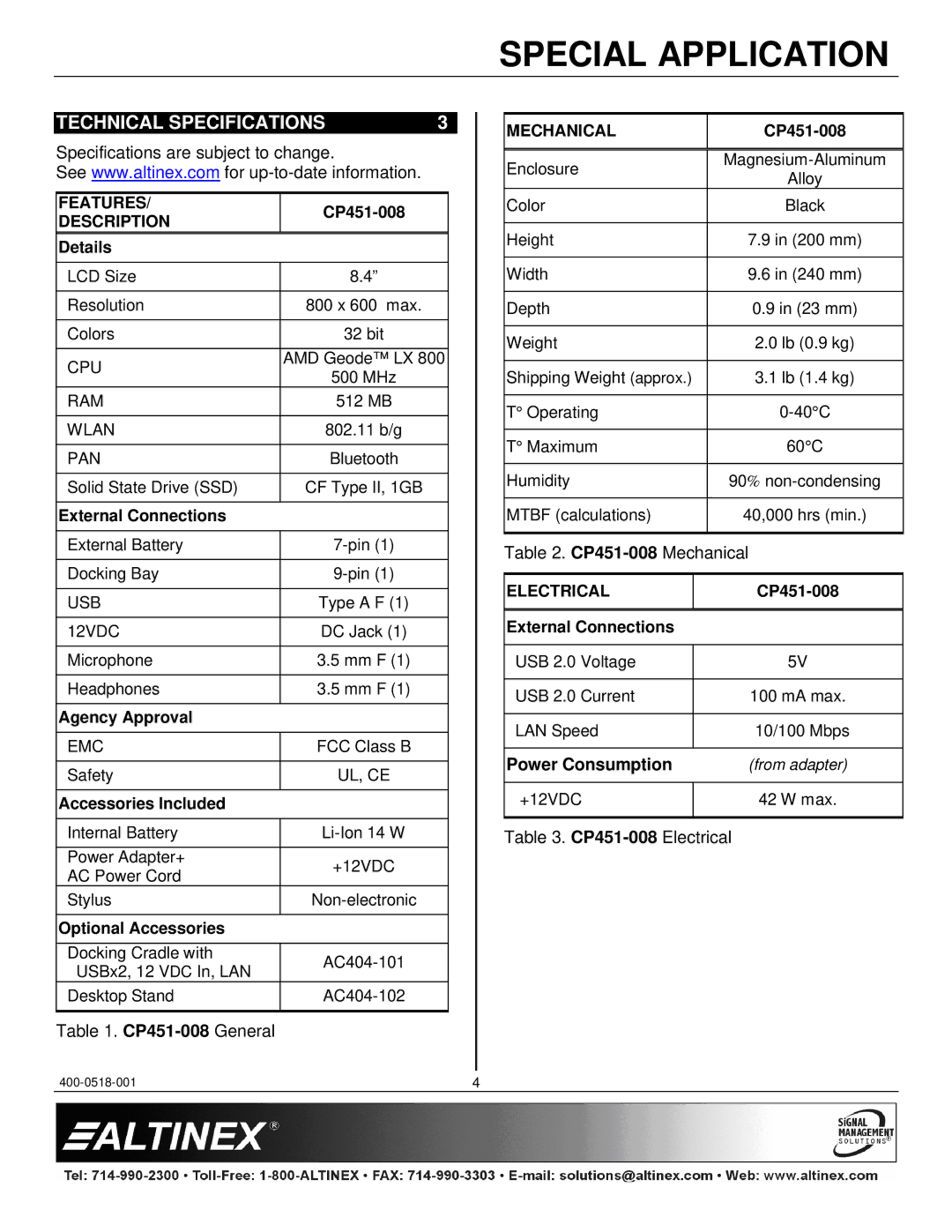 Altinex CP451-008 manual Technical Specifications, Power Consumption 