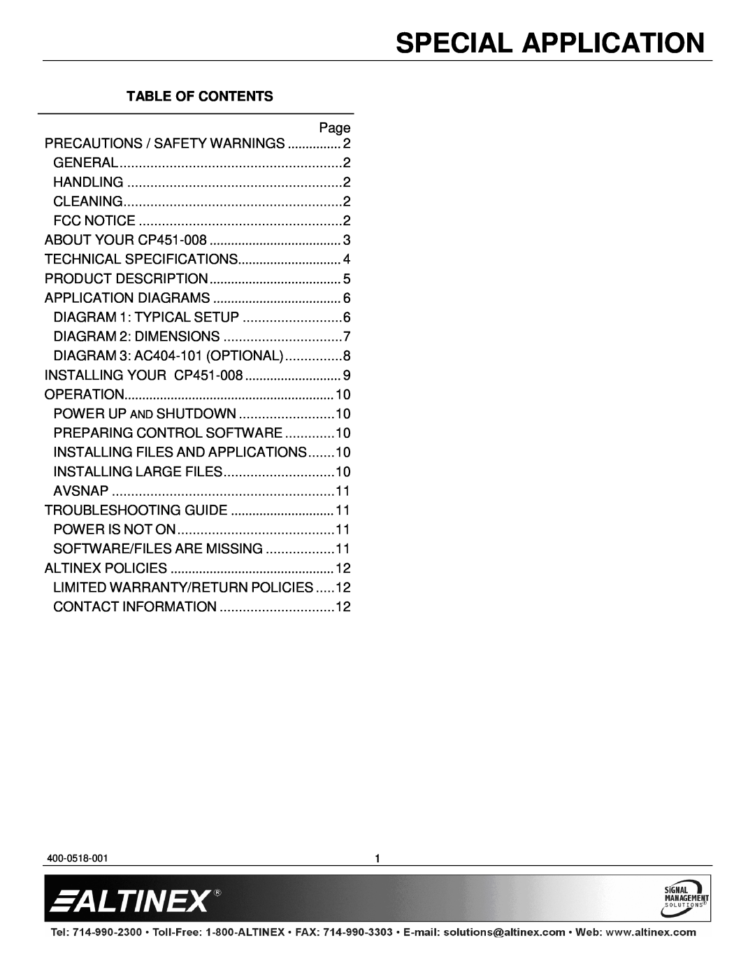 Altinex CP451-008 manual Table Of Contents, Special Application, Page 