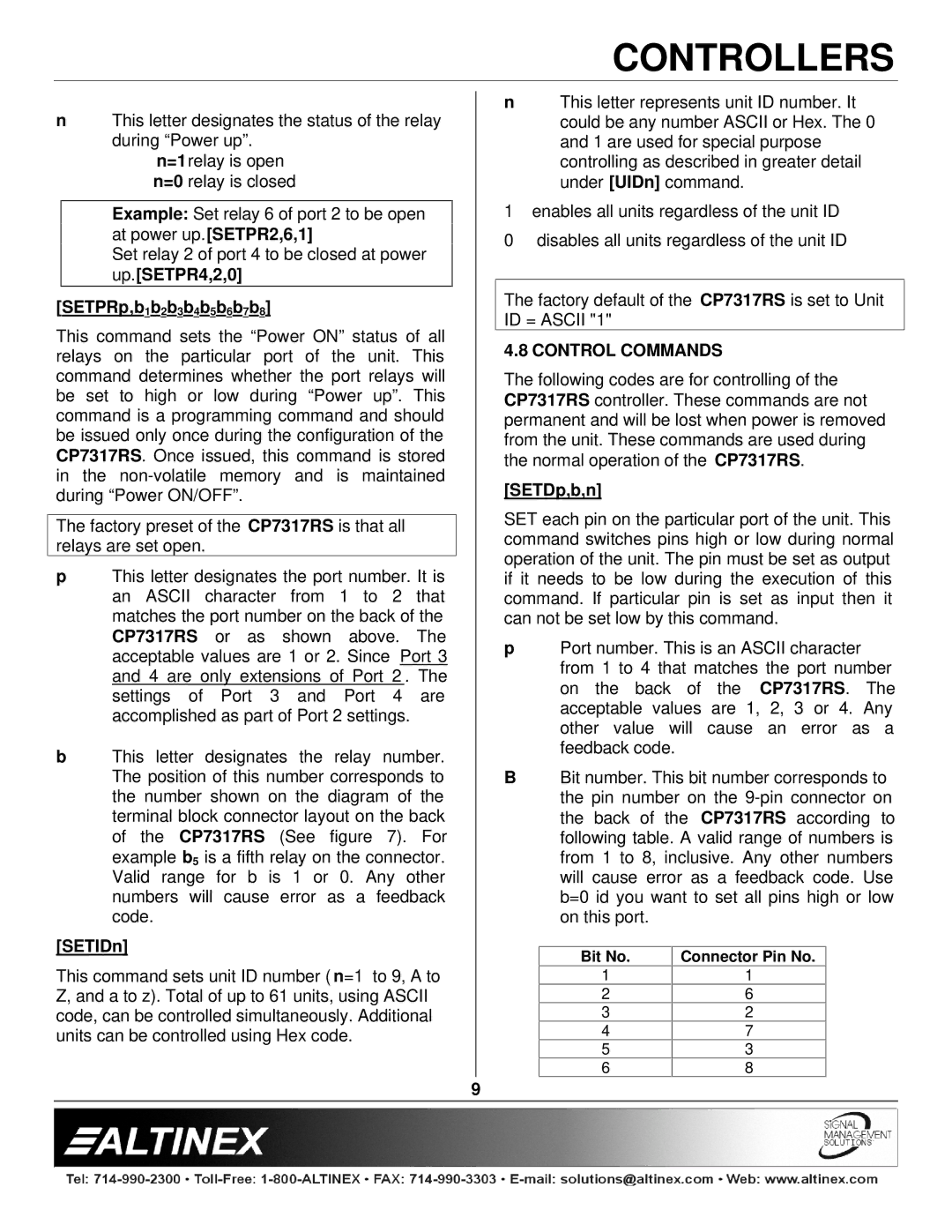 Altinex CP7317RS manual SETPRp,b1b2b3b4b5b6b7b8, SETIDn, Control Commands, SETDp,b,n 