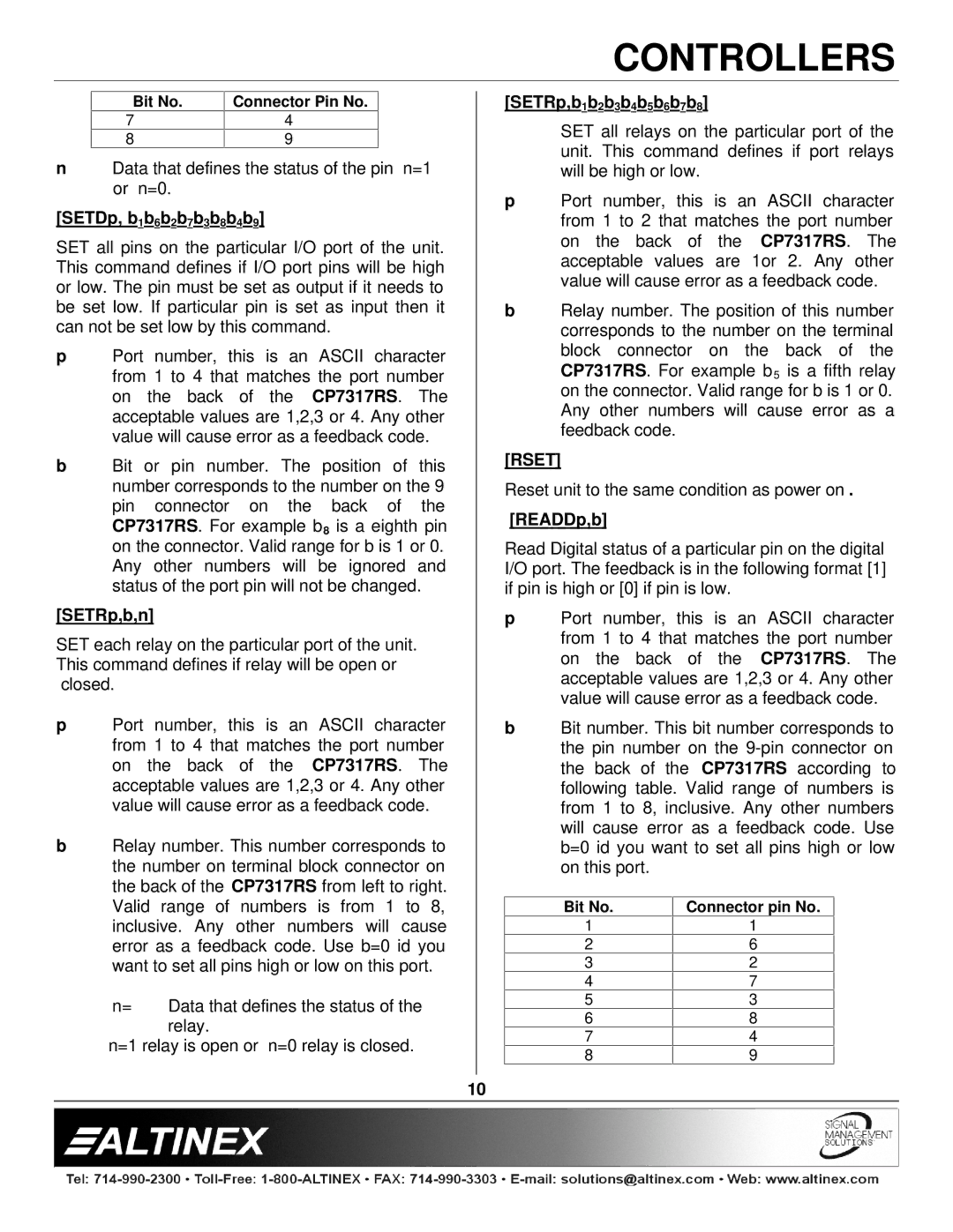 Altinex CP7317RS manual SETDp, b1b6b2b7b3b8b4b9, SETRp,b,n, SETRp,b1b2b3b4b5b6b7b8, Rset, READDp,b 