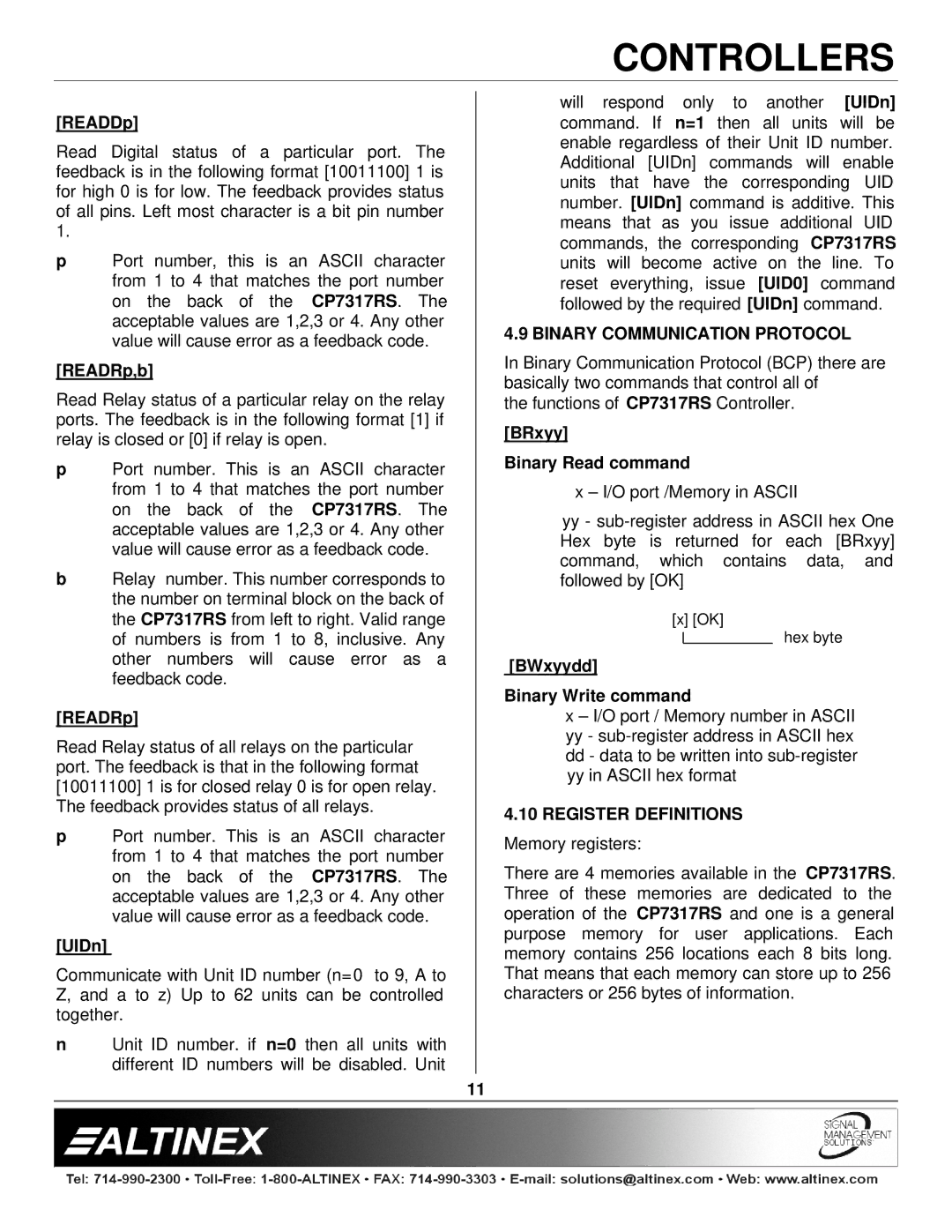 Altinex CP7317RS manual Binary Communication Protocol, Register Definitions 