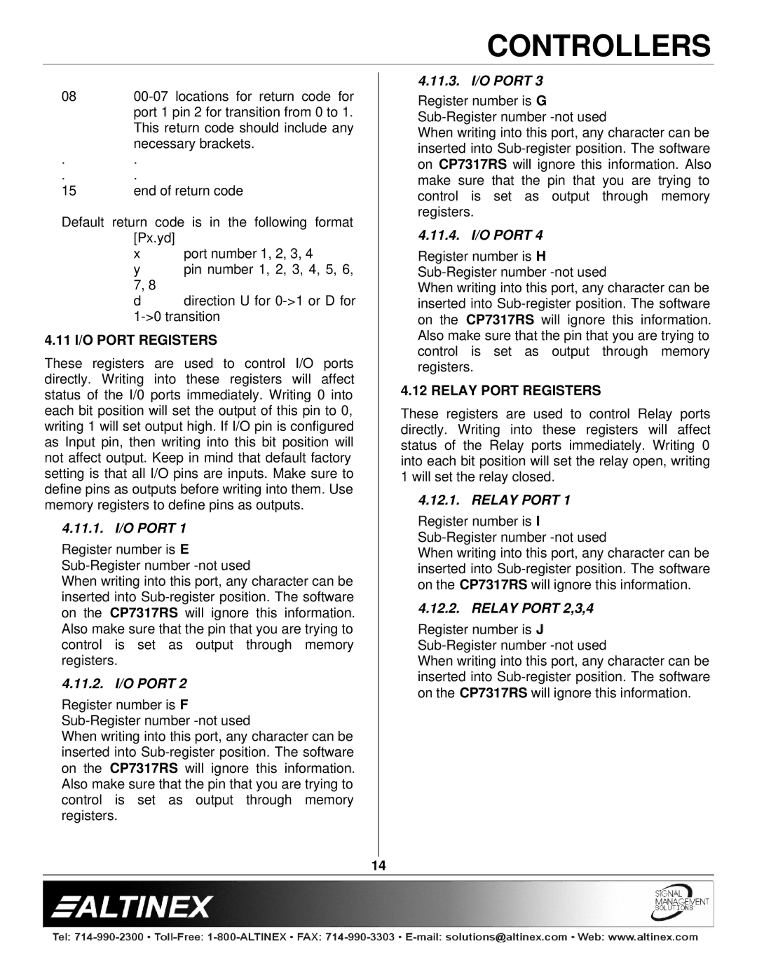Altinex CP7317RS manual 11 I/O Port Registers, Relay Port Registers 