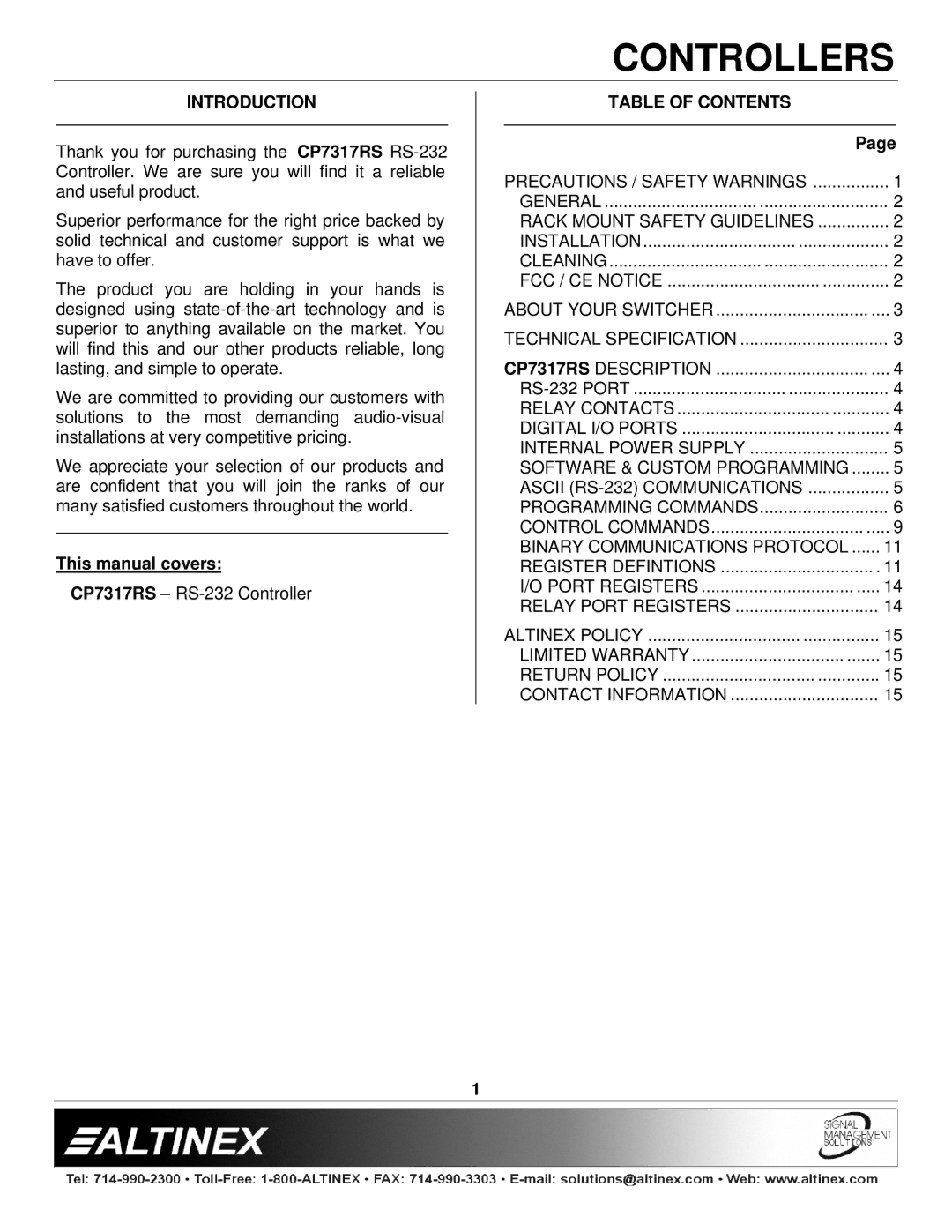 Altinex CP7317RS manual Introduction, Table of Contents 