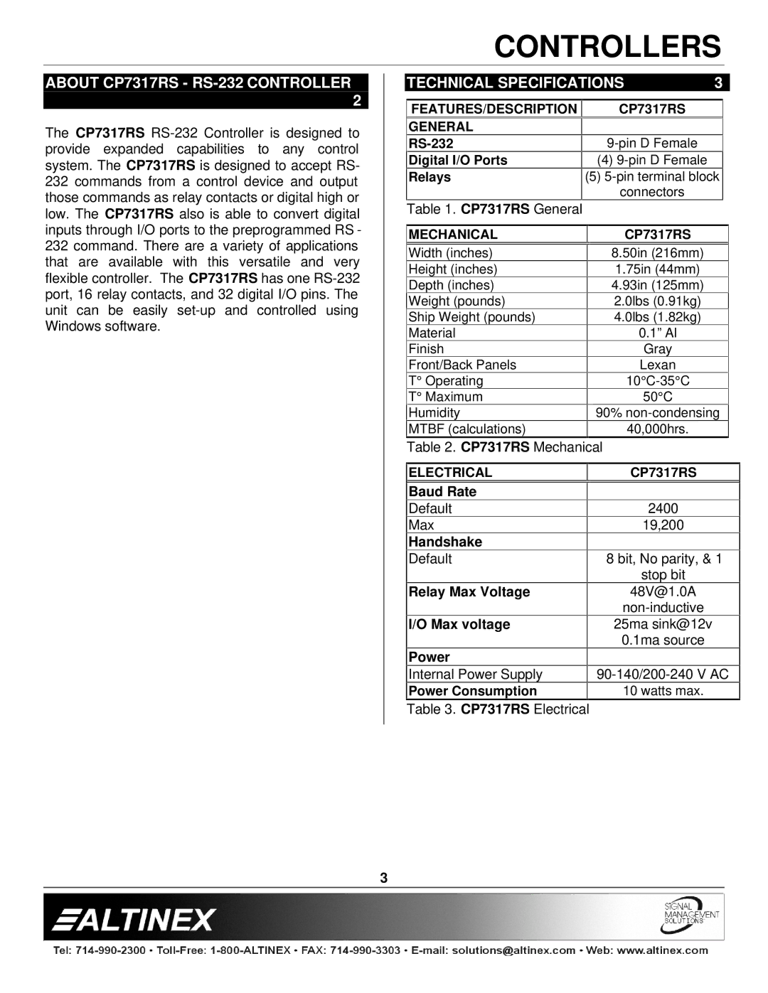 Altinex manual About CP7317RS RS-232 Controller, Technical Specifications 