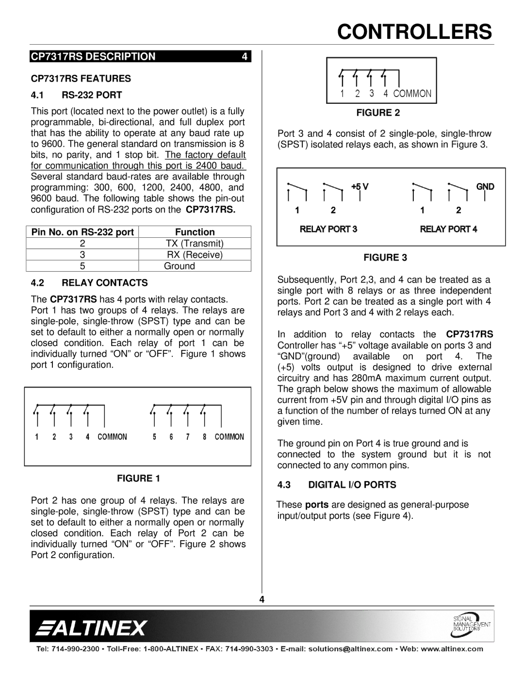 Altinex manual CP7317RS Description, CP7317RS Features, Relay Contacts, Digital I/O Ports 