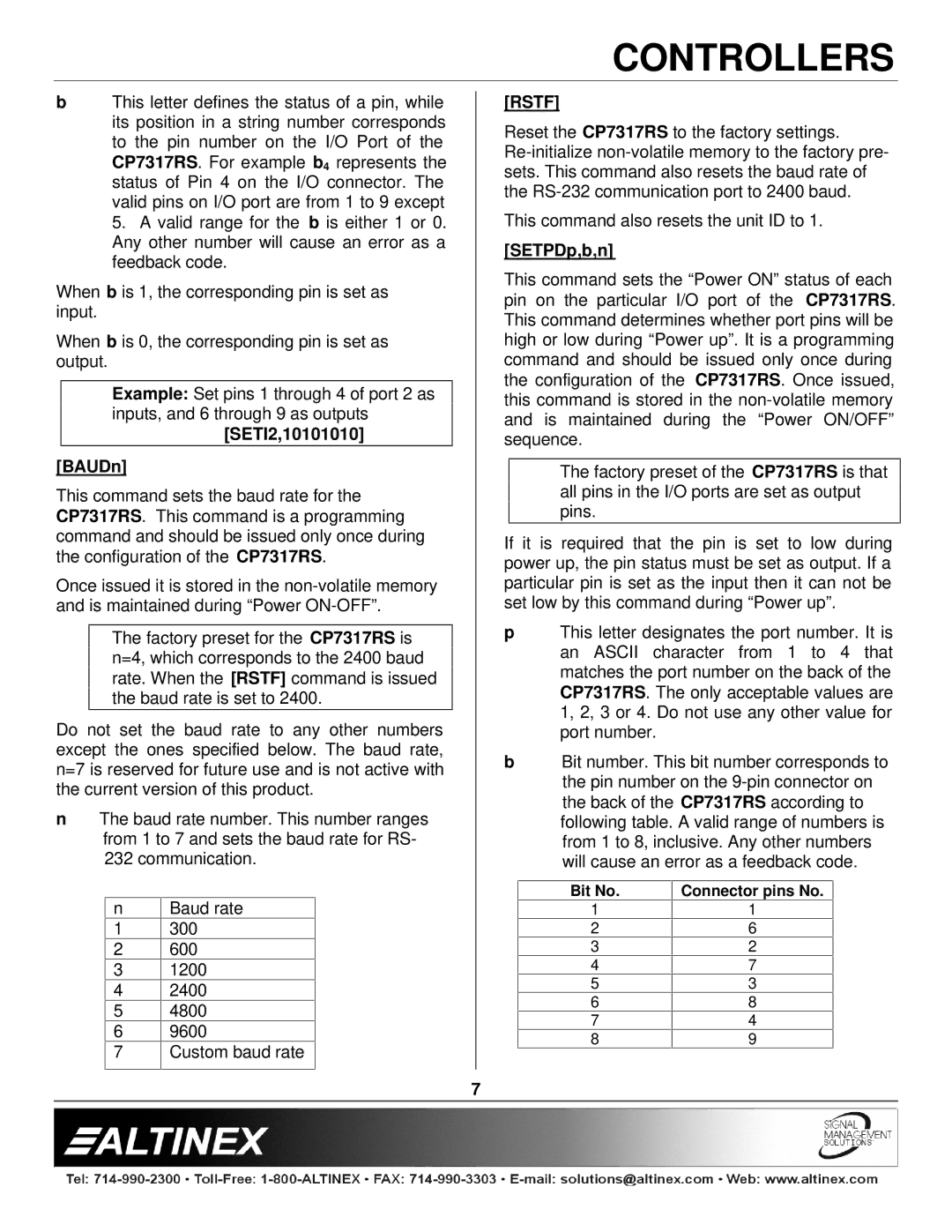 Altinex CP7317RS manual SETI2,10101010 BAUDn, Rstf, SETPDp,b,n 