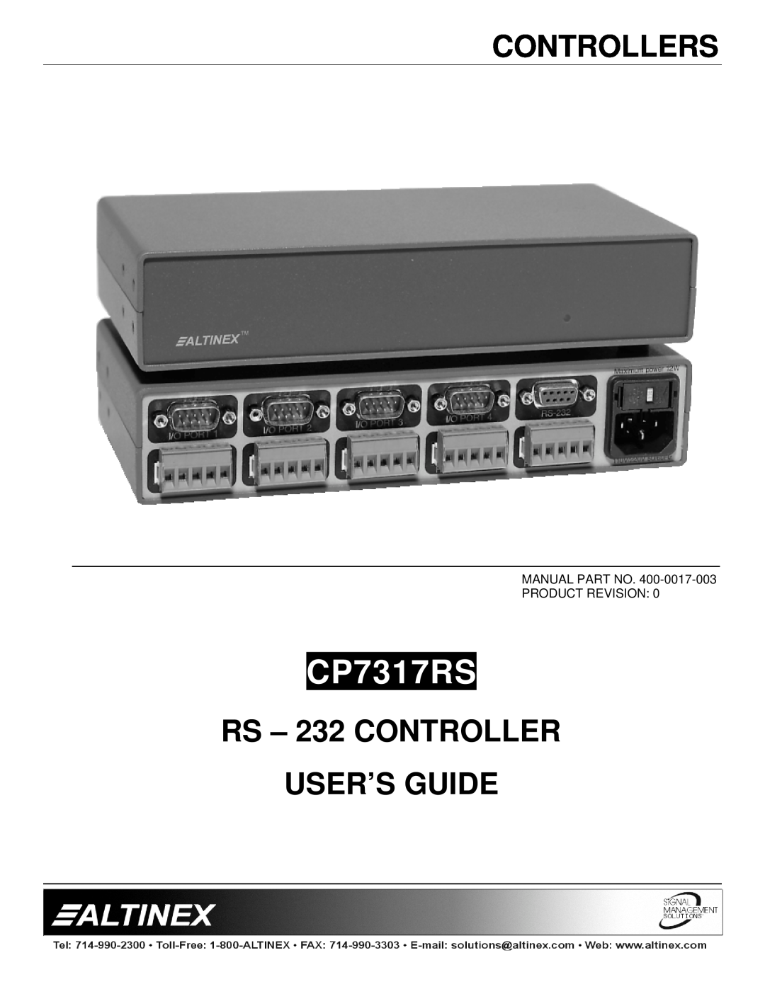 Altinex CP7317RS manual Controllers, RS - 232 CONTROLLER USER’S GUIDE 