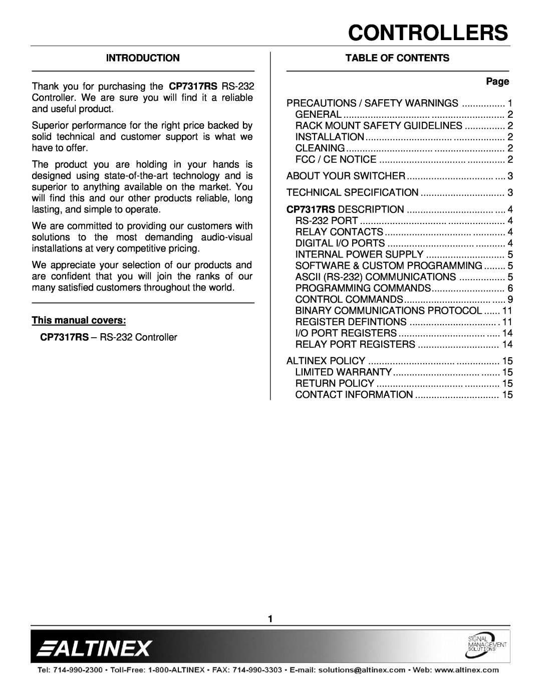 Altinex CP7317RS Introduction, This manual covers, Table Of Contents, Controllers 