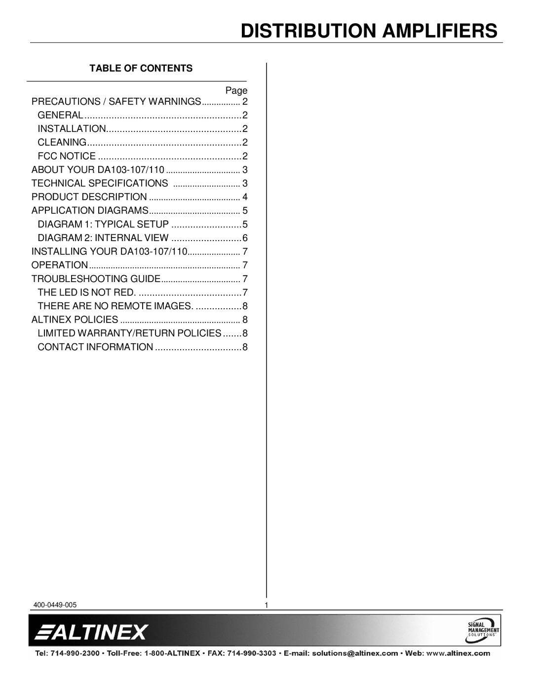 Altinex DA103-107 manual Table of Contents 