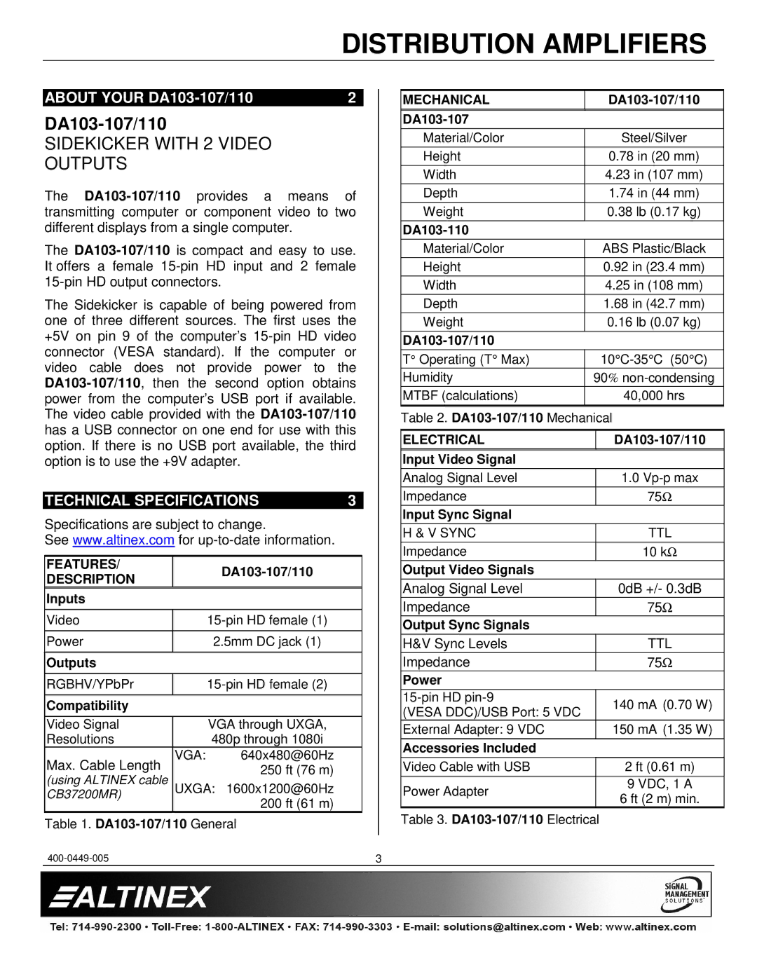 Altinex manual DA103-107/110, Technical Specifications 