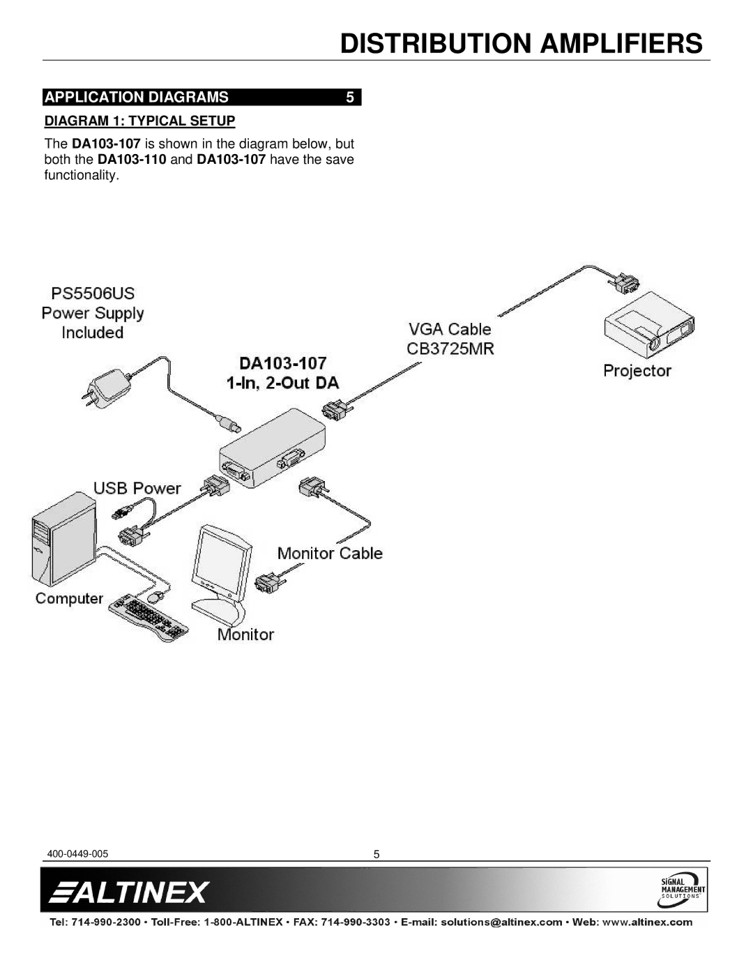 Altinex DA103-107 manual Application Diagrams, Diagram 1 Typical Setup 