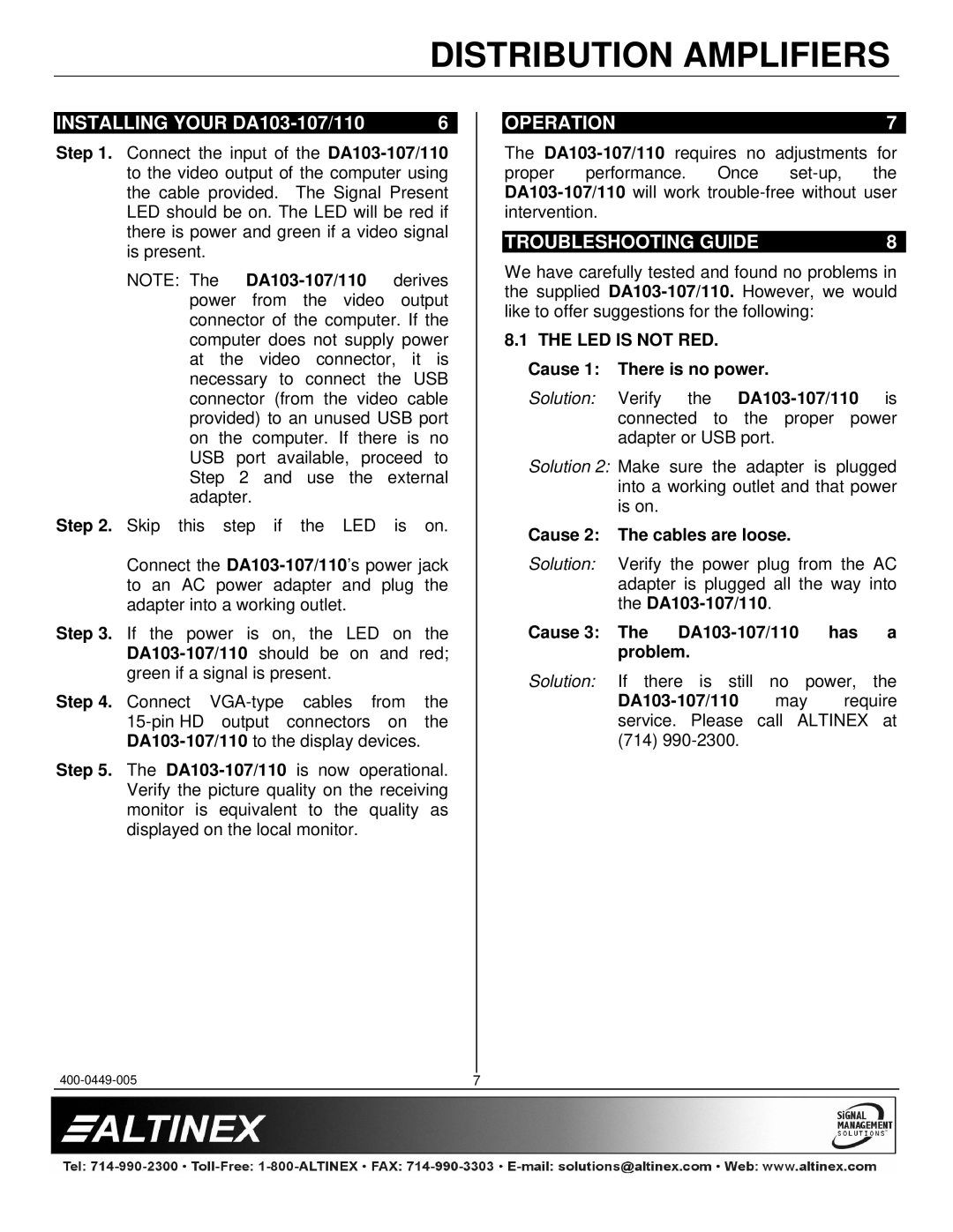 Altinex manual Installing Your DA103-107/110, Operation, Troubleshooting Guide 