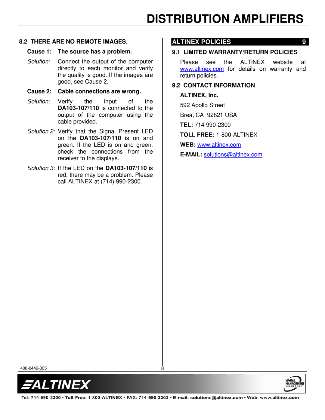 Altinex DA103-107 manual Altinex Policies, Limited WARRANTY/RETURN Policies 