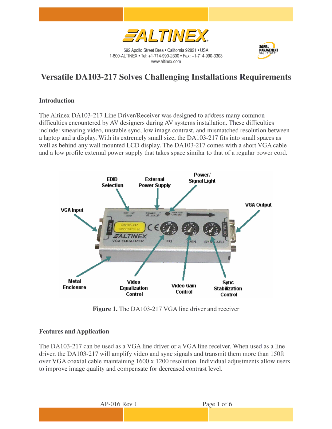 Altinex DA103-217 manual Introduction, Features and Application 