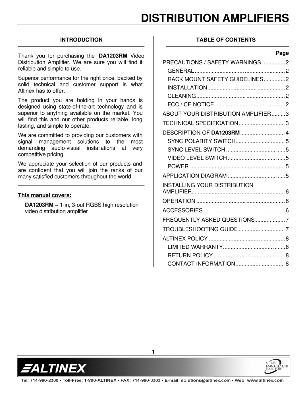 Altinex DA1203RM manual Introduction, Table of Contents 