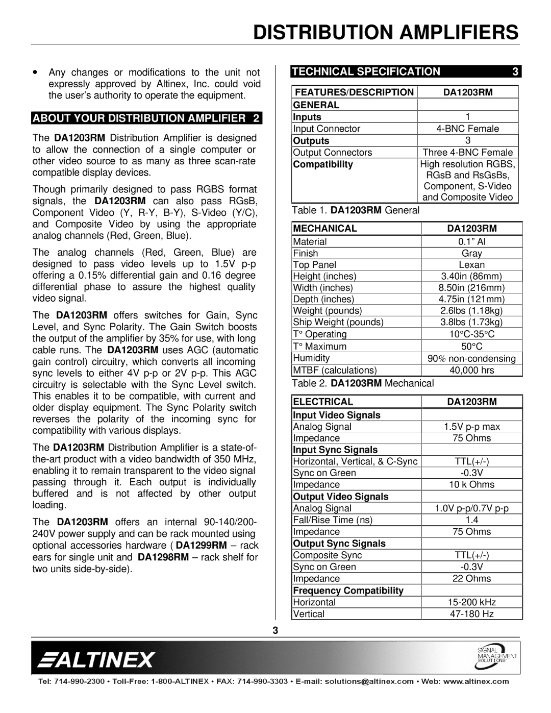 Altinex DA1203RM manual About Your Distribution Amplifier, Technical Specification 