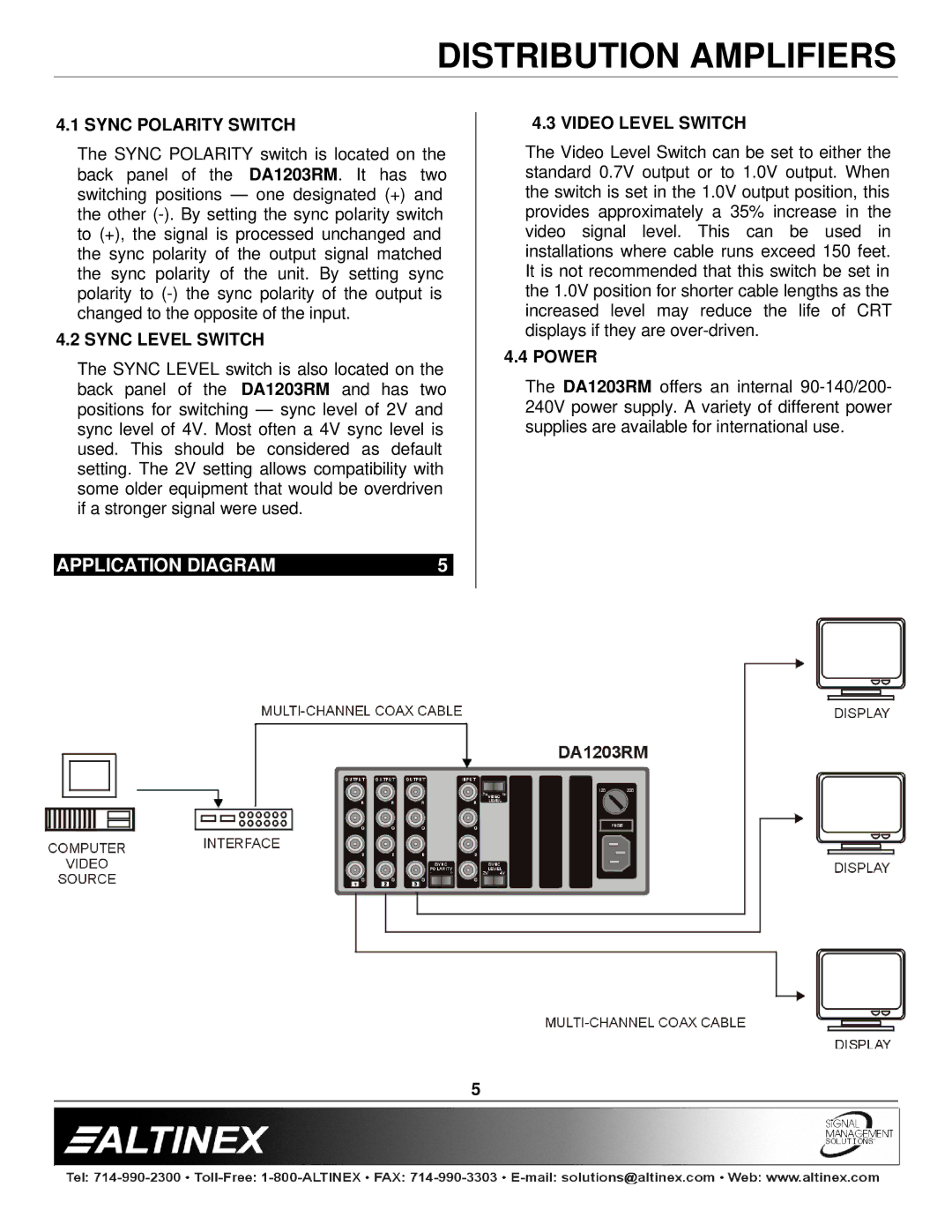 Altinex DA1203RM manual Application Diagram, Sync Polarity Switch, Sync Level Switch, Video Level Switch, Power 