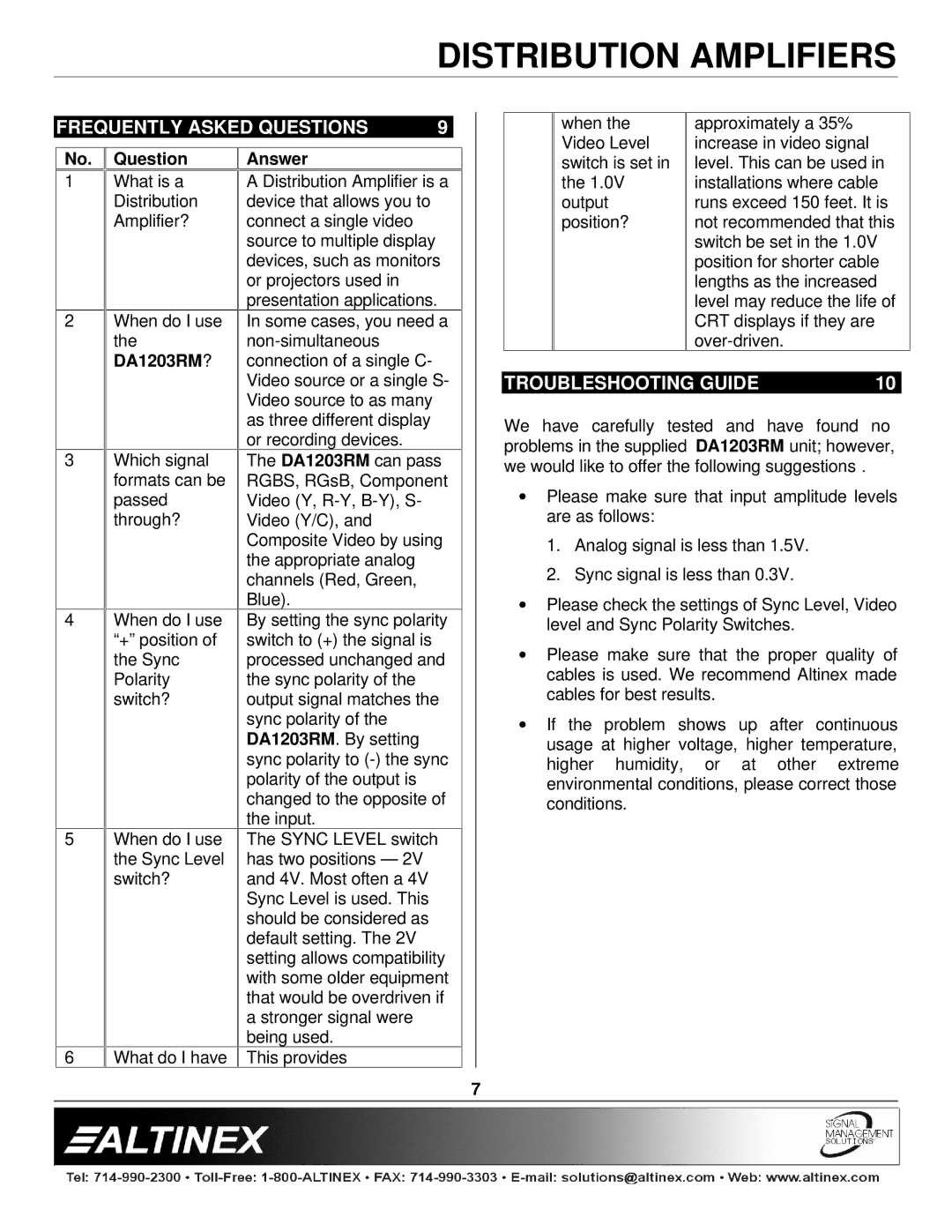 Altinex DA1203RM manual Frequently Asked Questions, Troubleshooting Guide 