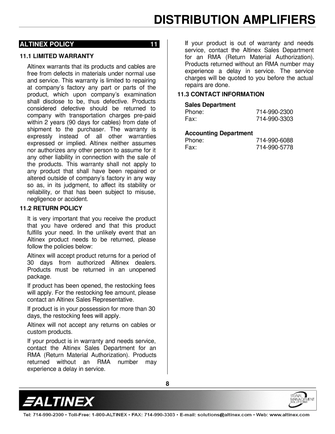 Altinex DA1203RM manual Altinex Policy, Limited Warranty, Return Policy, Contact Information 