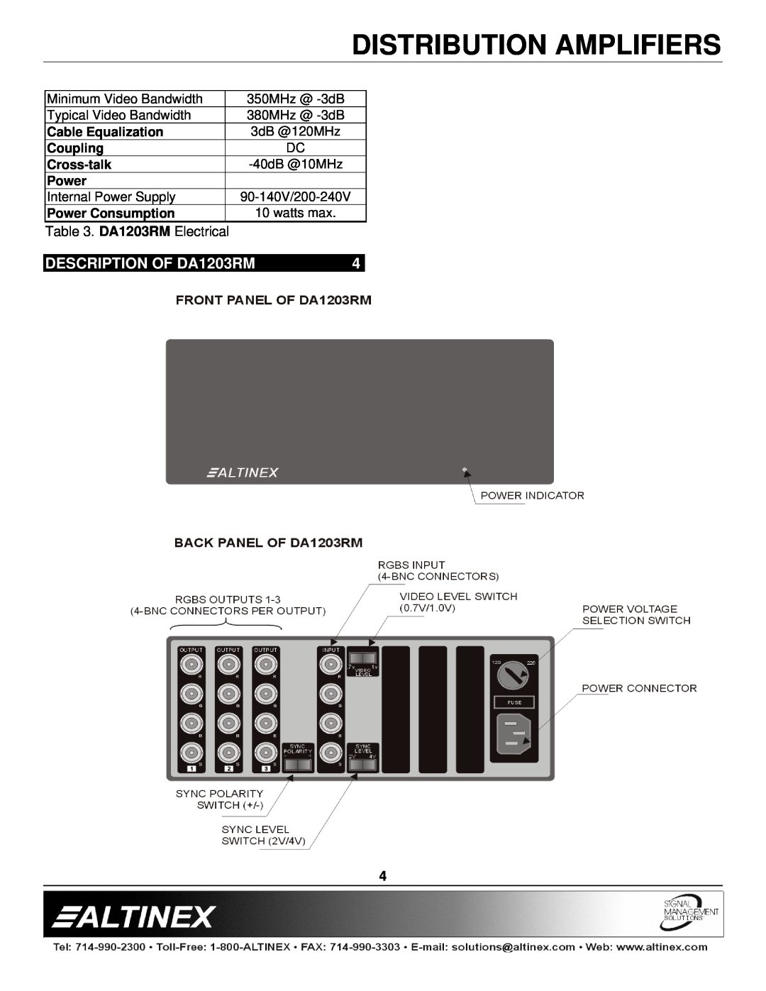 Altinex manual DESCRIPTION OF DA1203RM, Distribution Amplifiers, DA1203RM Electrical, 90-140V/200-240V 