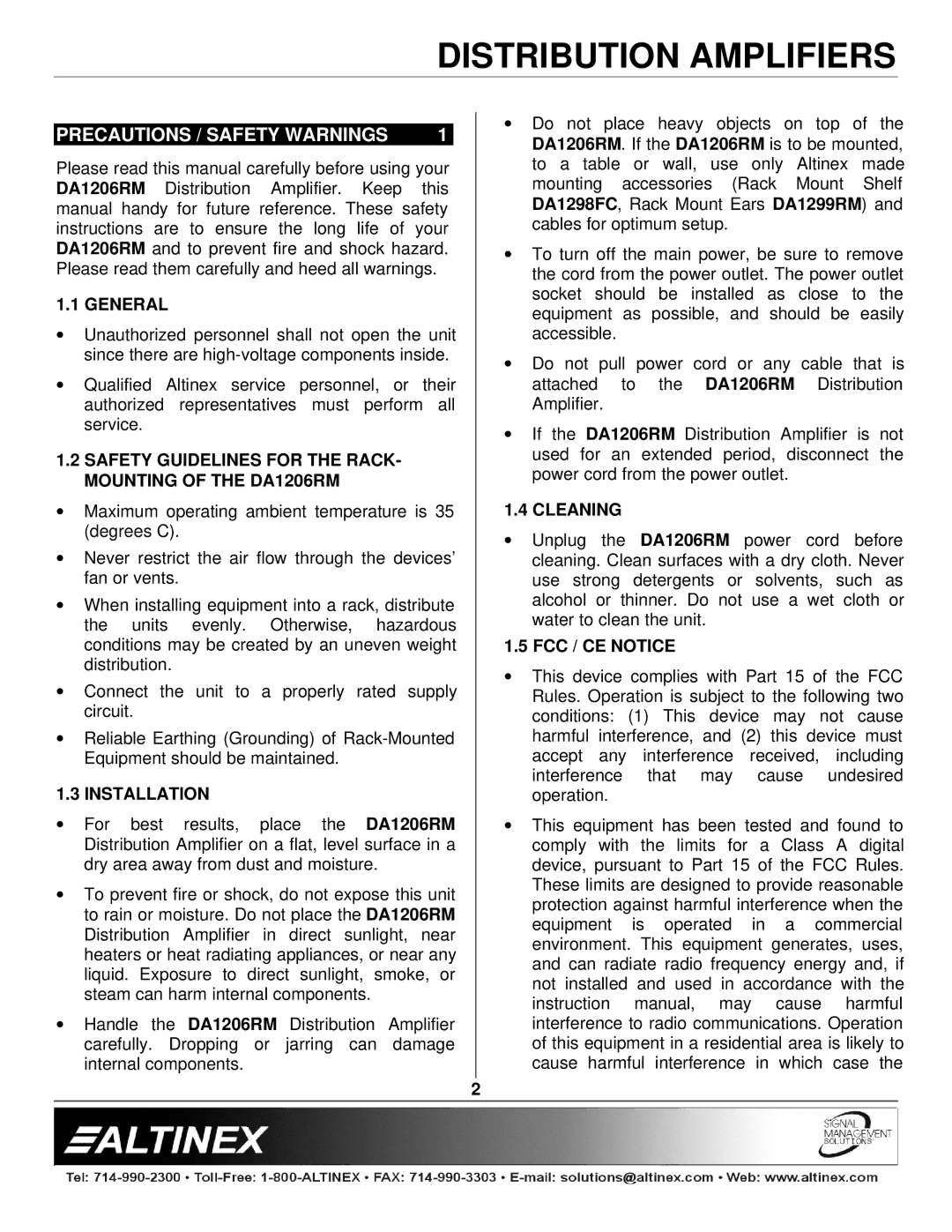 Altinex DA1206RM manual Precautions / Safety Warnings 