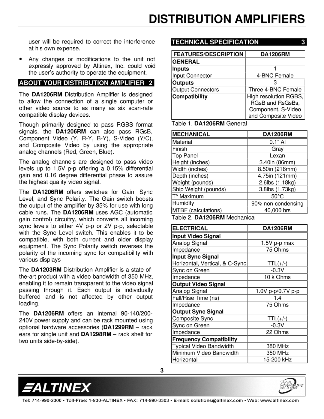 Altinex DA1206RM manual Technical Specification, About Your Distribution Amplifier 