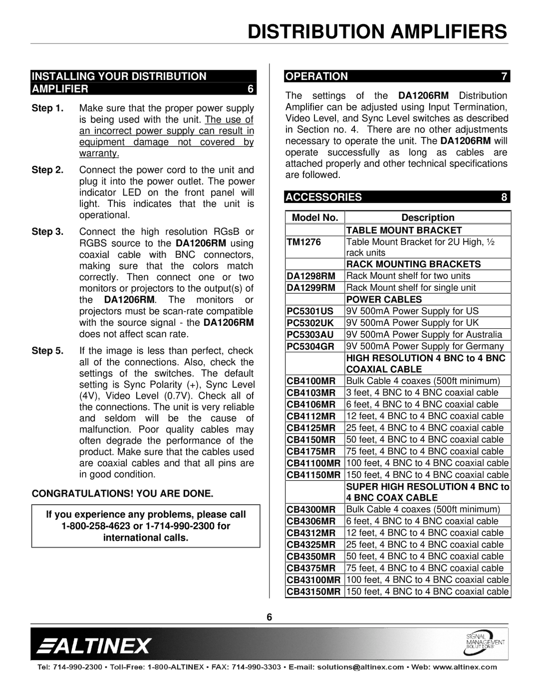 Altinex DA1206RM manual Installing Your Distribution Amplifier, Operation, Accessories, CONGRATULATIONS! YOU are Done 