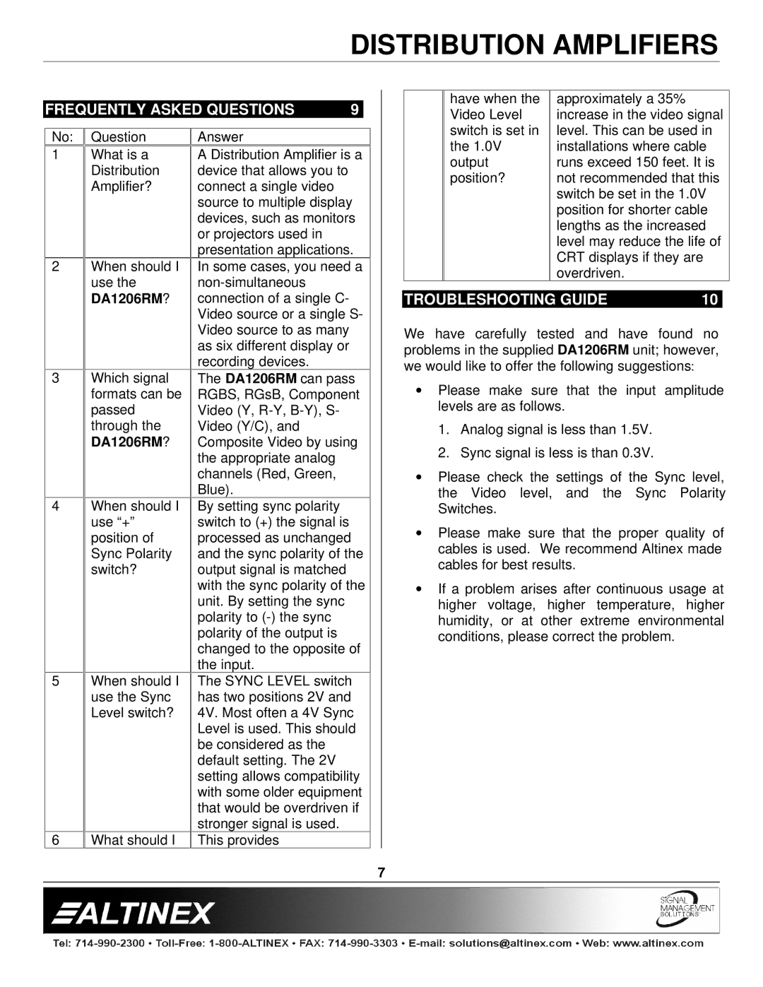 Altinex DA1206RM manual Frequently Asked Questions, Troubleshooting Guide 
