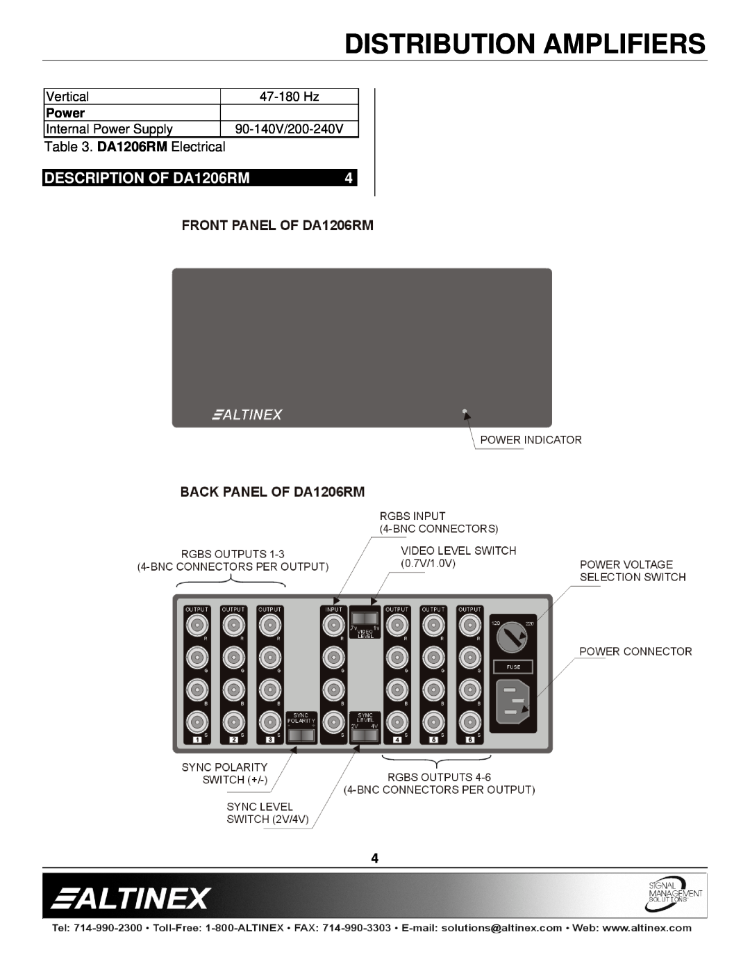 Altinex manual DESCRIPTION OF DA1206RM, Distribution Amplifiers, DA1206RM Electrical 