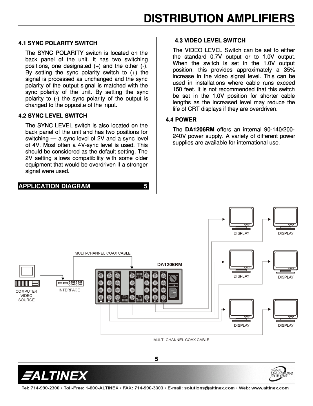 Altinex DA1206RM manual Application Diagram, Sync Polarity Switch, Sync Level Switch, Video Level Switch, Power 