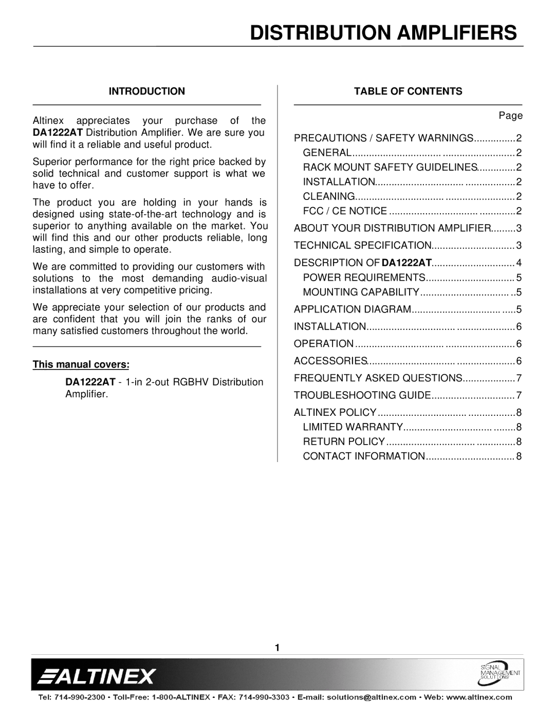 Altinex DA1222AT manual Introduction, Table of Contents 