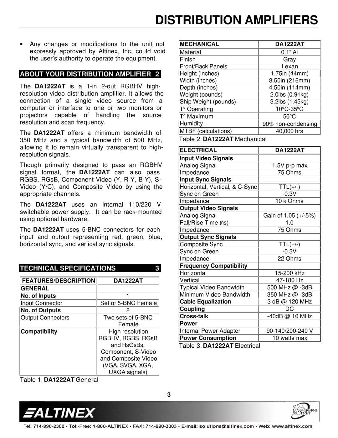 Altinex DA1222AT manual About Your Distribution Amplifier, Technical Specifications 