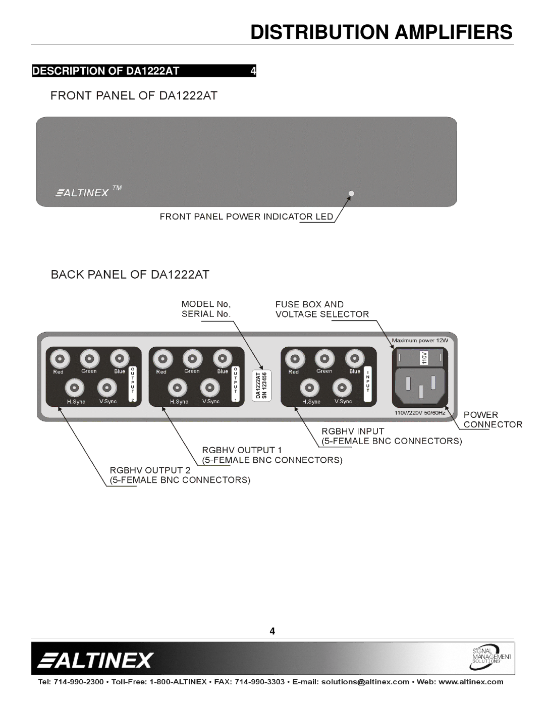 Altinex manual Distribution Amplifiers, Description of DA1222AT 