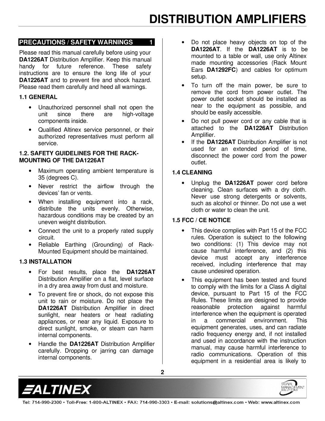 Altinex DA1226AT manual Precautions / Safety Warnings 