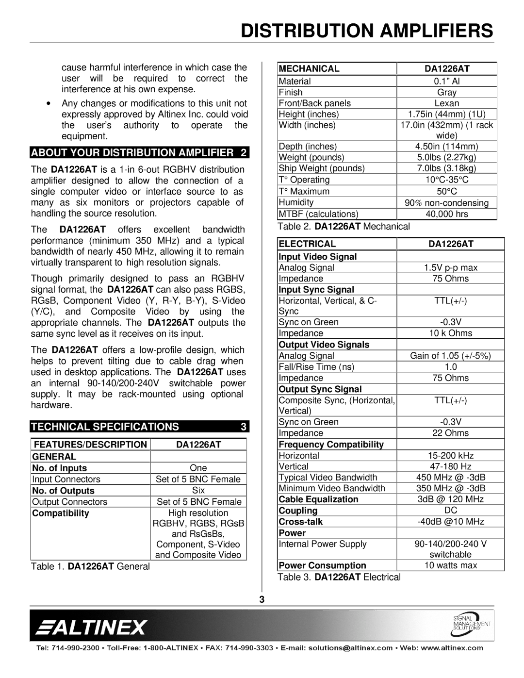 Altinex DA1226AT manual About Your Distribution Amplifier, Technical Specifications 