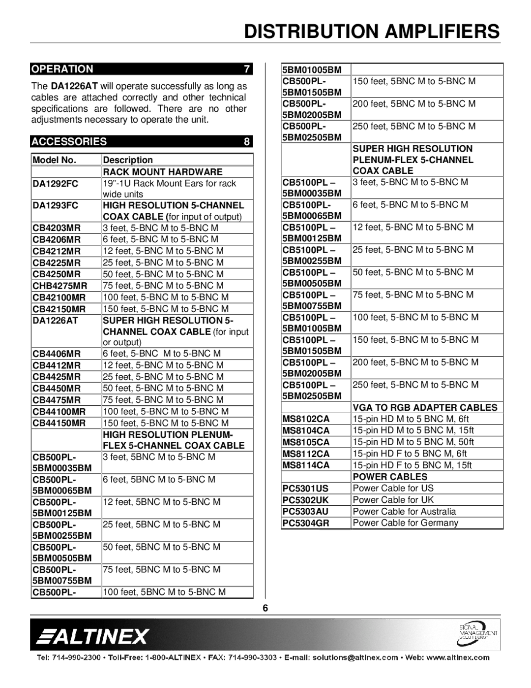 Altinex DA1226AT manual Operation, Accessories 