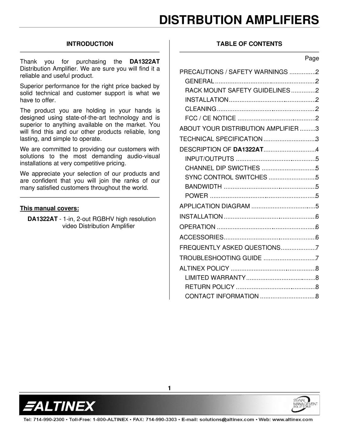 Altinex DA1322AT manual Introduction, Table of Contents 