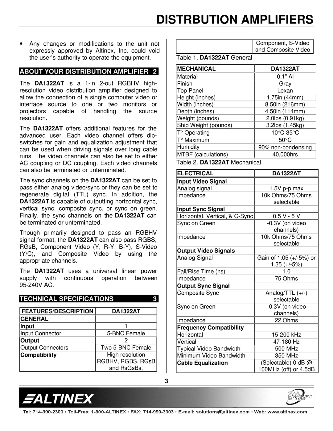 Altinex DA1322AT manual About Your Distribution Amplifier, Technical Specifications, Mechanical, Electrical 