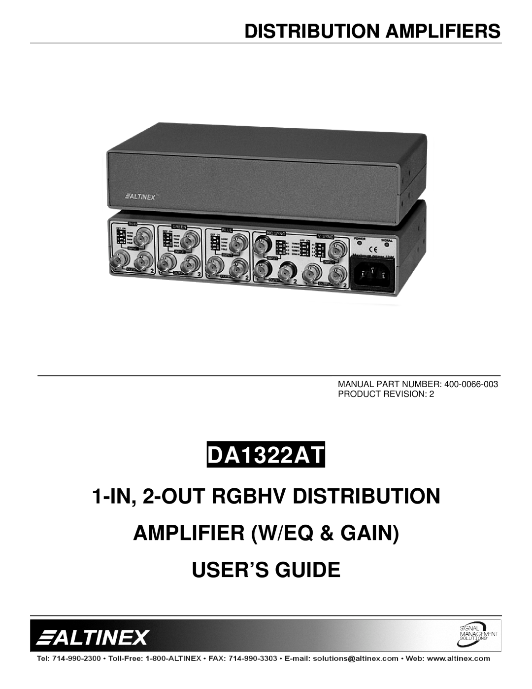 Altinex DA1322AT manual Distribution Amplifiers, 1-IN, 2-OUTRGBHV DISTRIBUTION, Amplifier W/Eq & Gain User’S Guide 