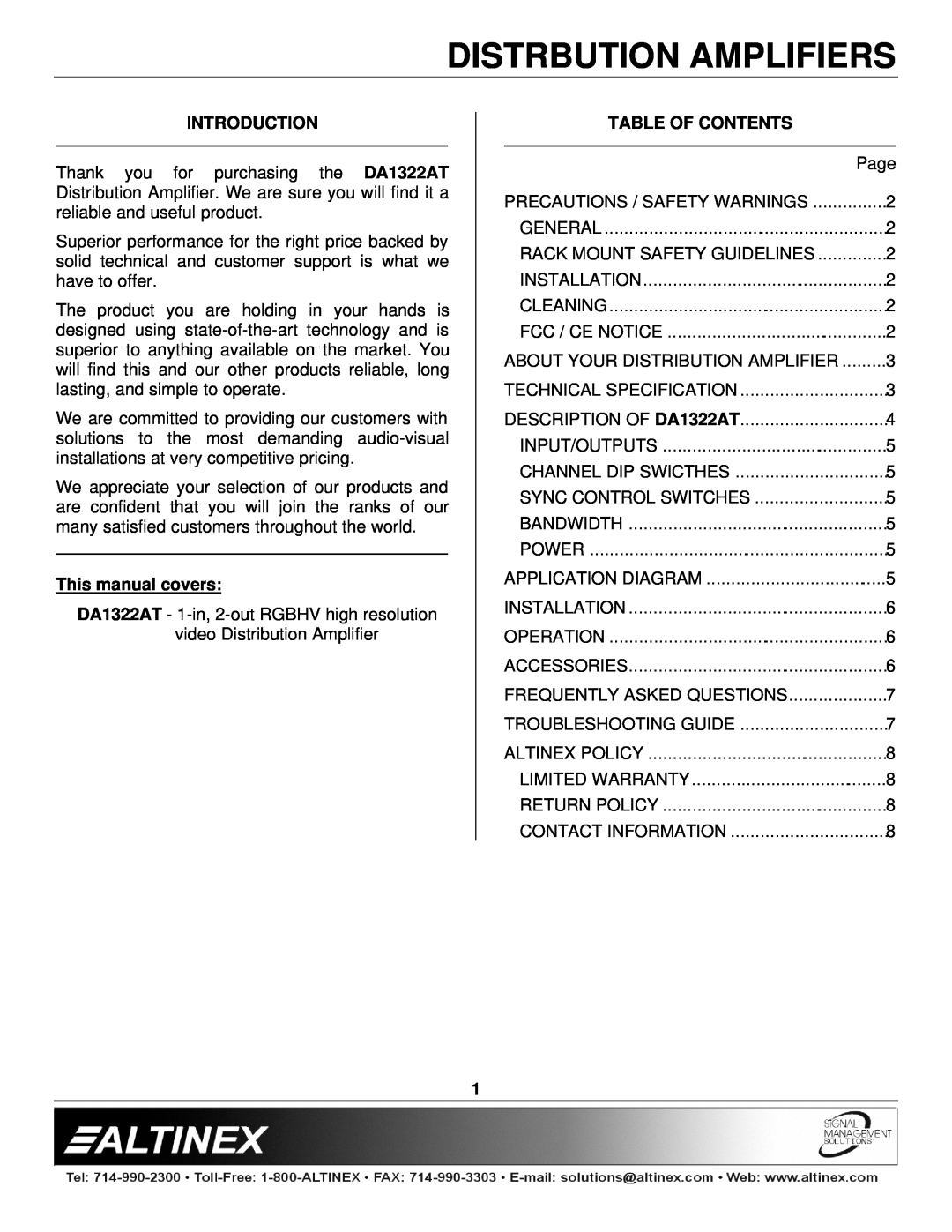 Altinex DA1322AT Distrbution Amplifiers, Introduction, This manual covers, Table Of Contents 