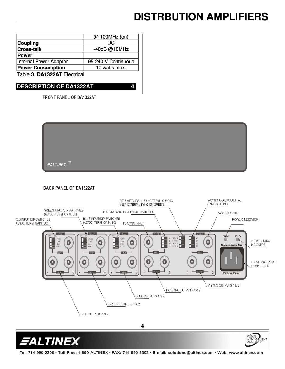 Altinex manual DESCRIPTION OF DA1322AT, Distrbution Amplifiers, DA1322AT Electrical 