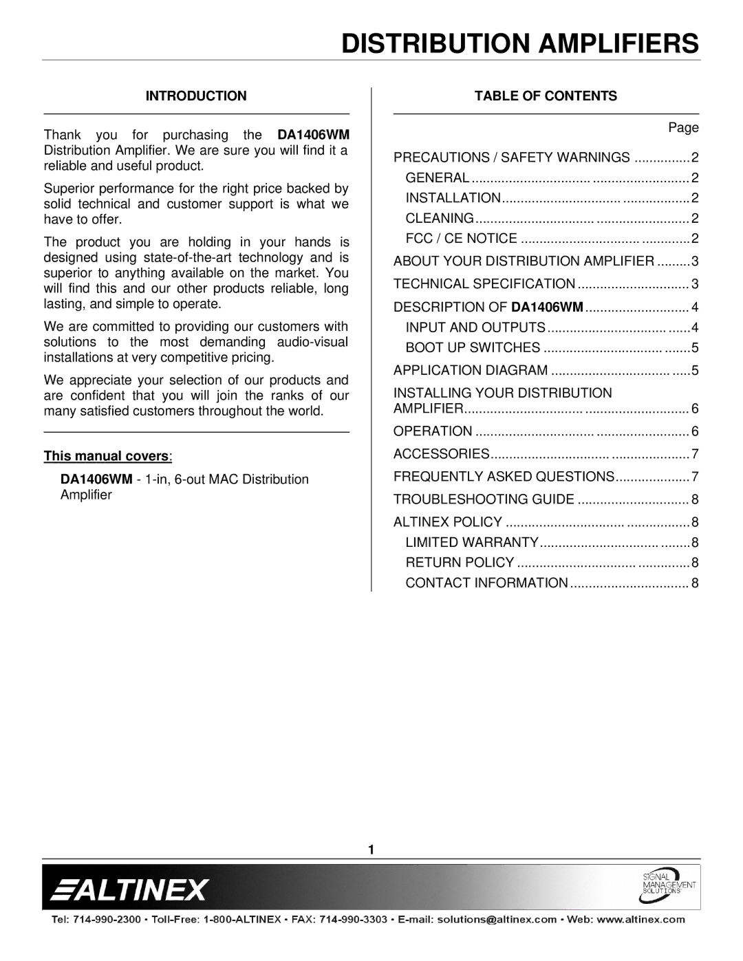 Altinex DA1406WM manual Introduction, Table of Contents 