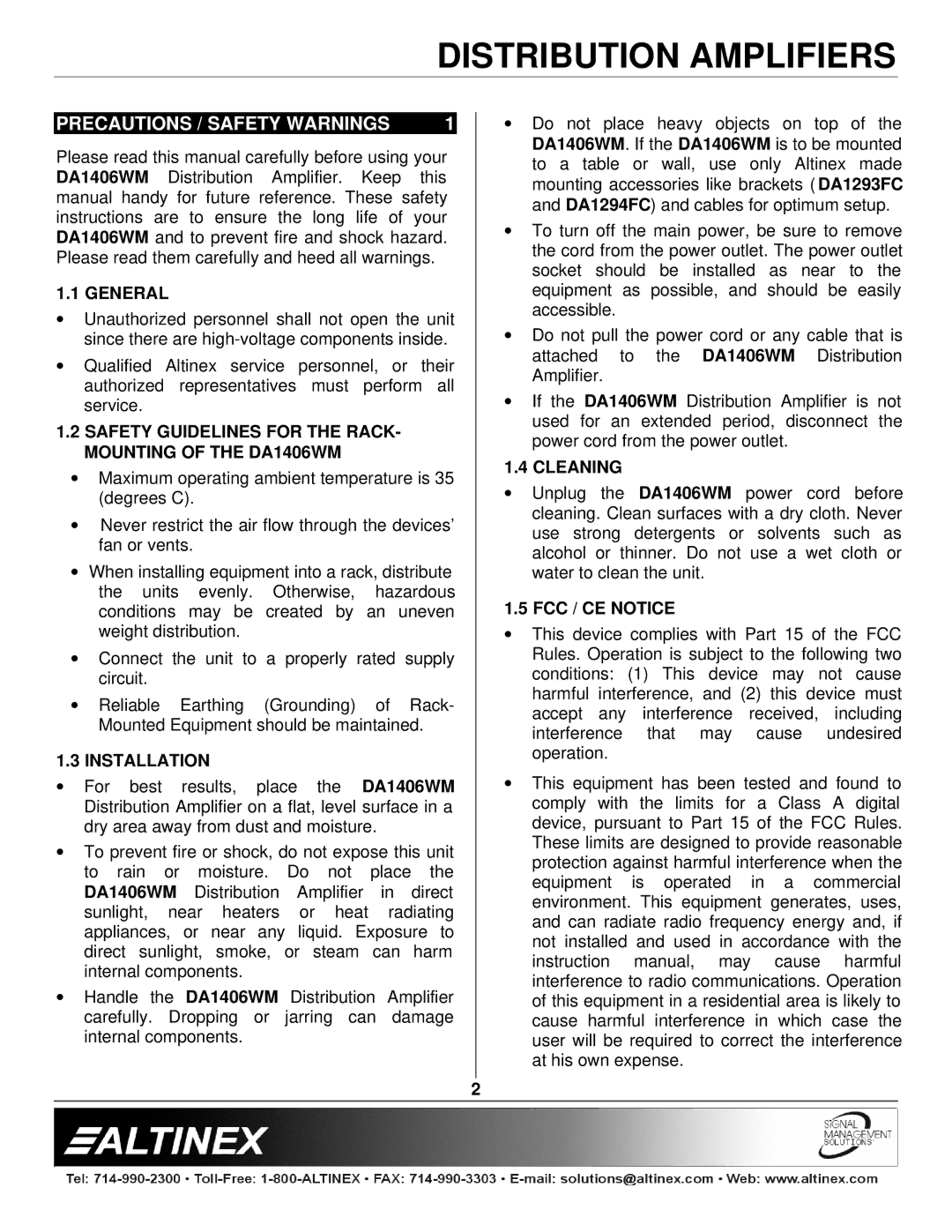 Altinex DA1406WM manual Precautions / Safety Warnings 